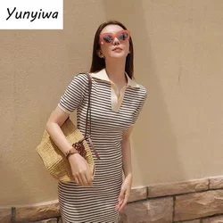 Striped Robe Korean Knitted Midi Dress Women Summer V-neck Short Sleeve Dresses Vintage Bodycon Ladies Vestidos Femme