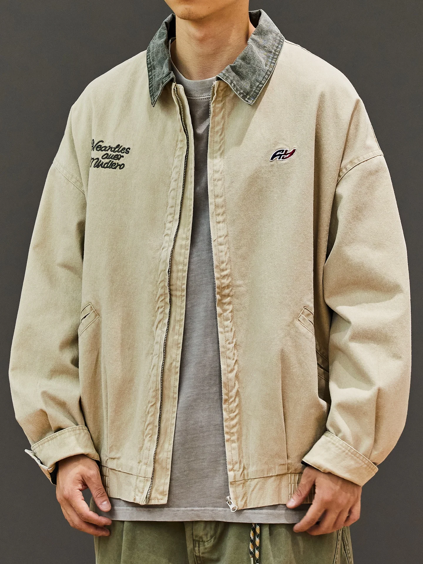 

Retro Embroidered Men's Casual Collar Jaet Loose Fit American Sle Autumn Winter New Faion Brand Cotton Long Sve Zipper