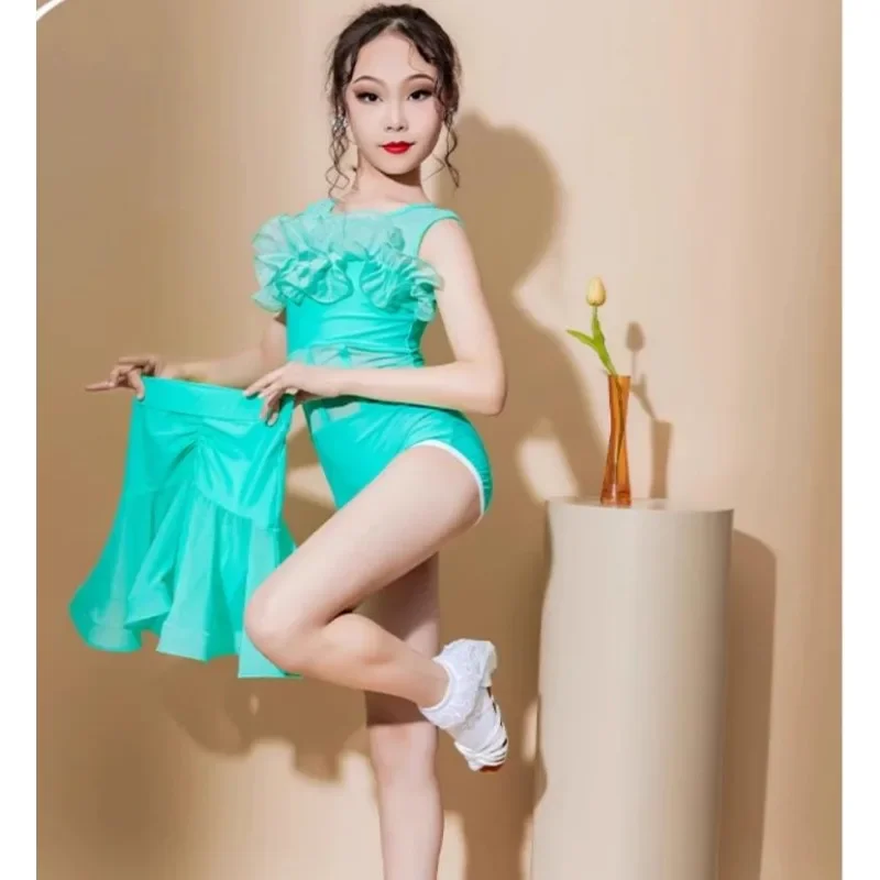 เต้นรําละตินเครื่องแต่งกายสําหรับฤดูใบไม้ผลิและสาวฤดูร้อนเด็กการฝึกอบรมเครื่องแต่งกายเครื่องแต่งกายประสิทธิภาพใหม่ 2024 ลูกไม้กระโปรงขนาดใหญ่