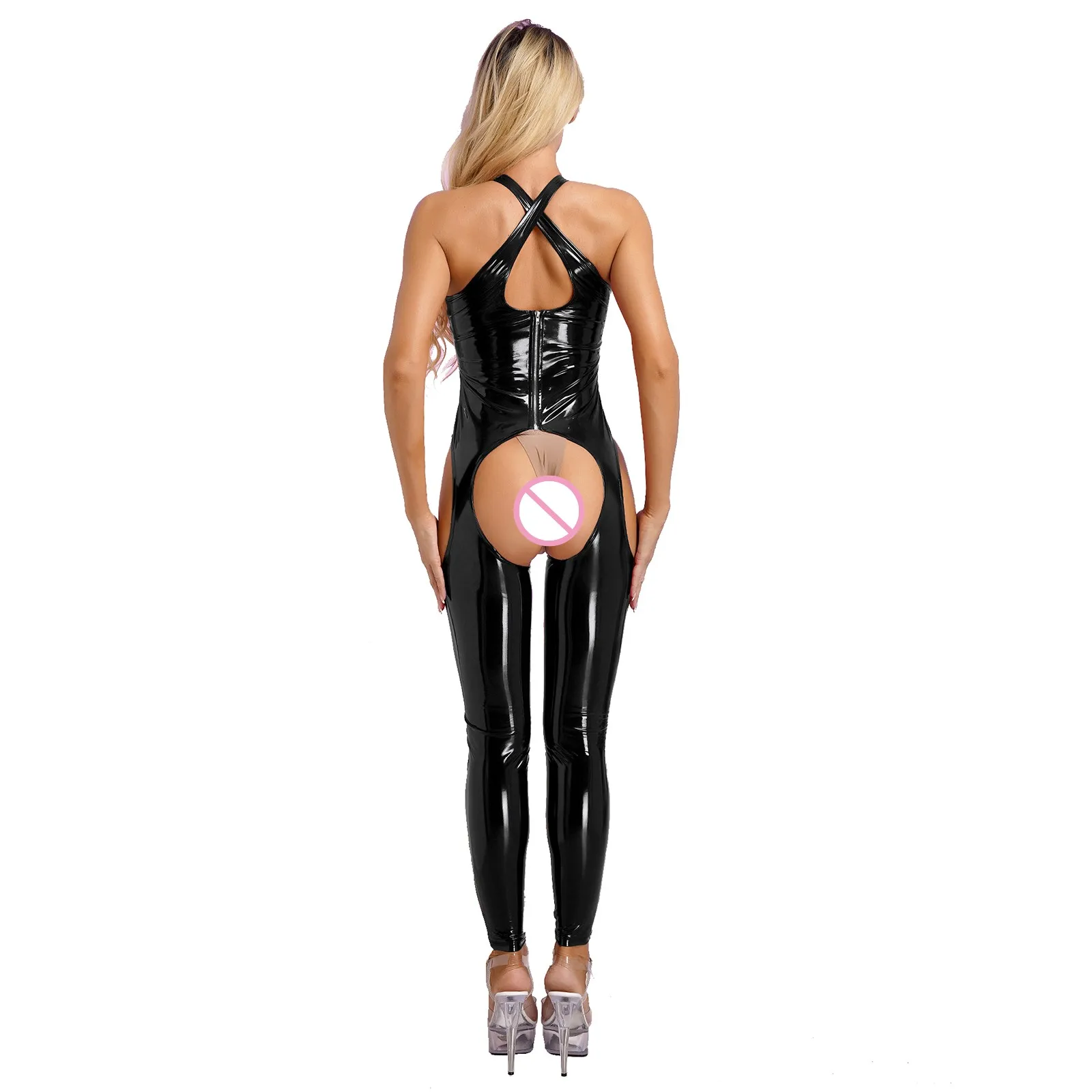 Women Sexy Crotchless Open Butt Bodysuit Wet Look Patent Leather Cutout Jumpsuit Nightclub Party Pole Dancing Costume Nightwear