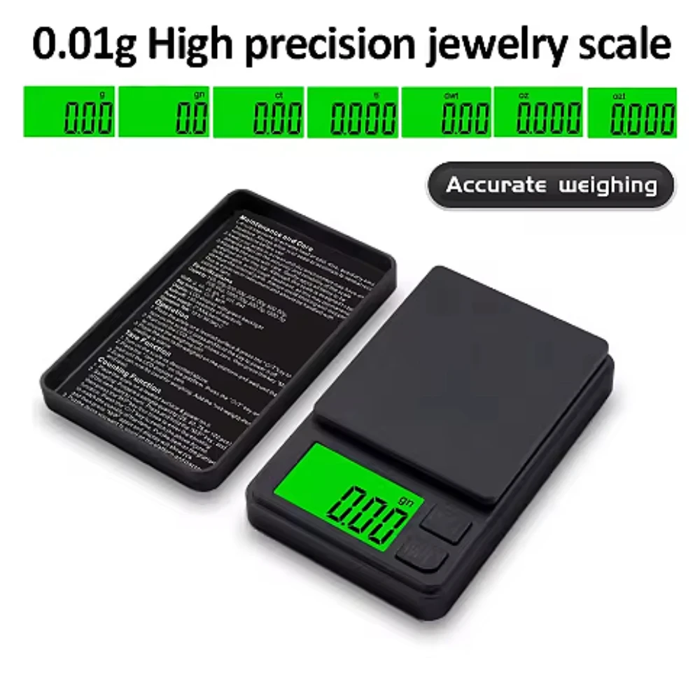 Präzise elektronische Schmuck-Grammwaage, Mini-Taschenwaage, tragbar, 100 g/500 g, 0,01 g, hohe Genauigkeit, LCD-Hintergrundbeleuchtung, Küchenwaage