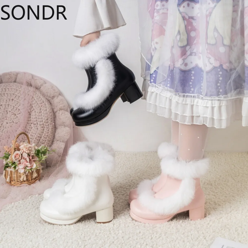 Womens Round Toe Ankle Boots Real Rabbit Fur Hanfu Chinese Styles Lolita Sweet Warm Winter Block Heel Shoes Plus Size 