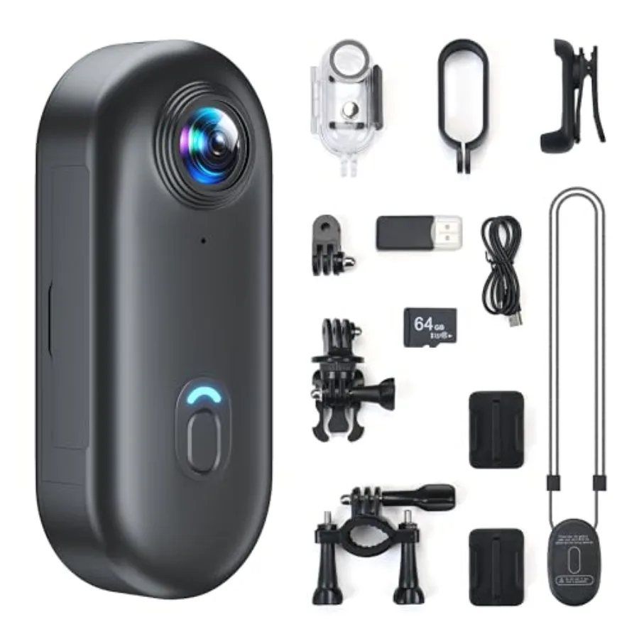 

4K Mini Body Camera for work and fishing, ABS plastic, black, thumb-sized hands-free recording with 64GB storage and portable m