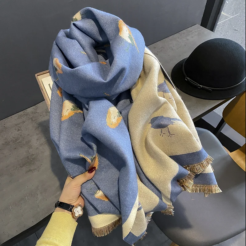 Women Winter Scarf Cashmere Pashmina Shawls and Wraps Bufandas Bird Print Warm Thick Scarves Blanket for Lady 2022 New