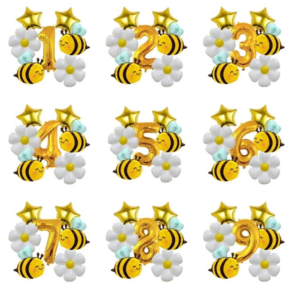 6pcs Bee Daisy Golden 32 inch Number Aluminum Foil Balloons Set Daisy Flower Balloon for Bee Theme Birthday Baby Shower Supplies