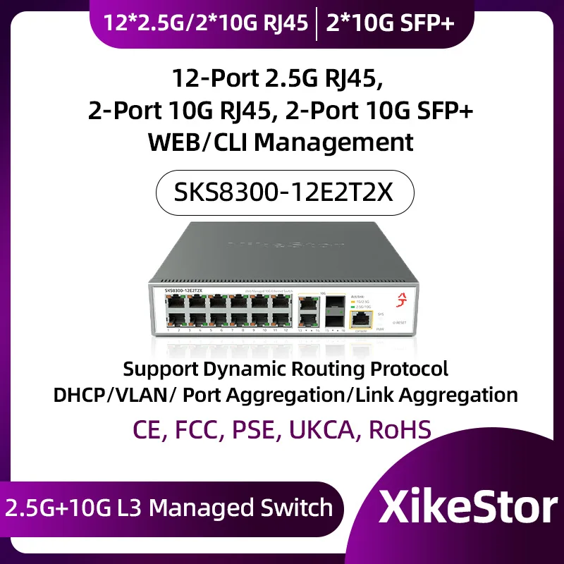 

XikeStor L3 Managed 12 Ports 2.5G RJ45 2 Ports 10G RJ45 2 Ports 10G SFP+ Ethernet Support VLAN/ DHCP WEB/CLI