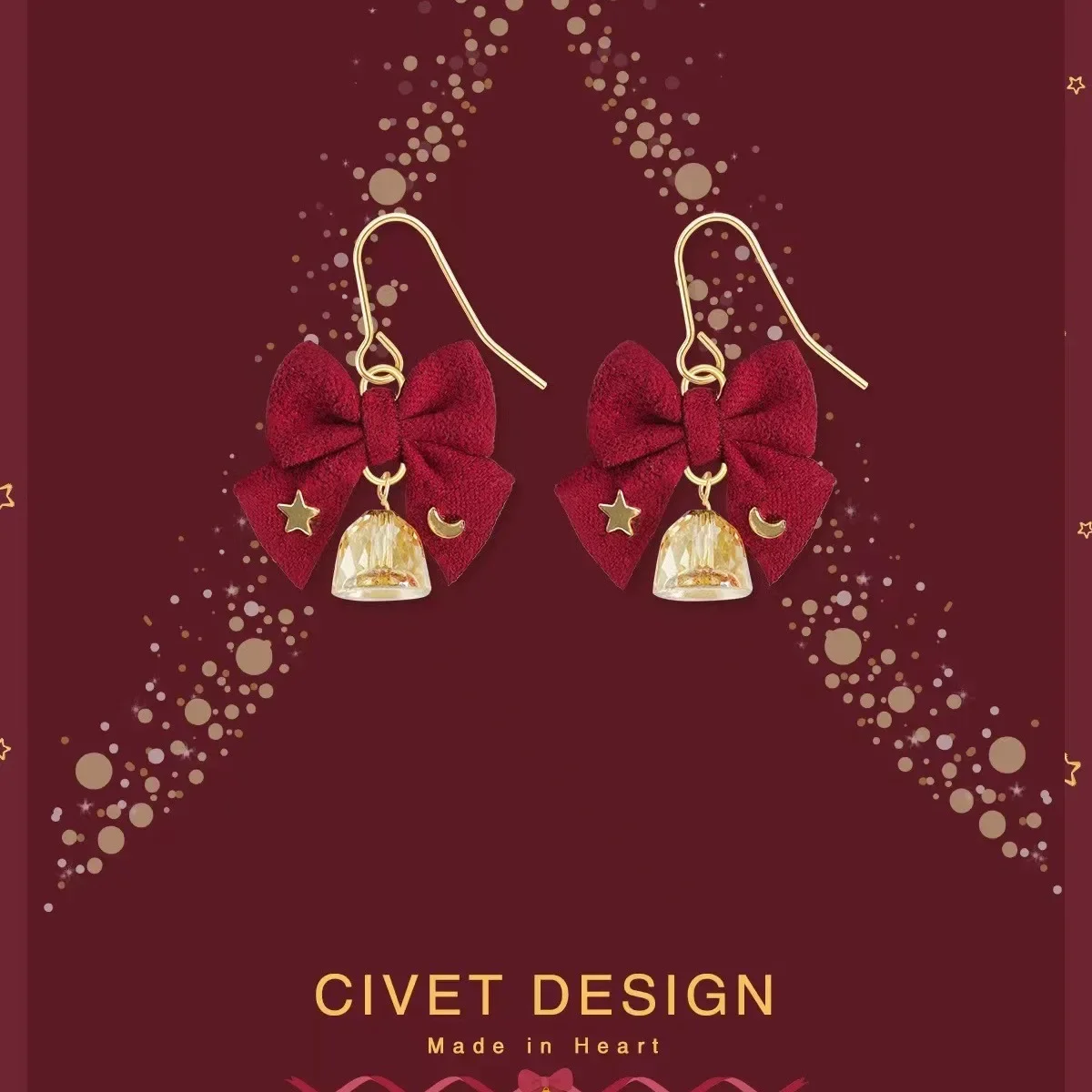 סתיו/חורף קשת קריסטל פעמון עגילים חג המולד עגילי חג המולד חמוד רטרו כוכבים ירח אין פירסינג אוזניים קליפ ילדה