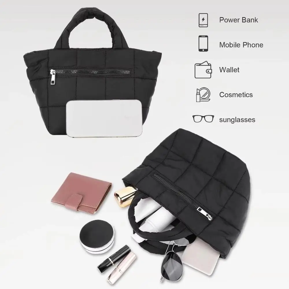Lightweight Quilted Tote Bag Detachable Strap Multi-Pocket Crossbody Bag with Zipper Nylon Shoulder Bag Work