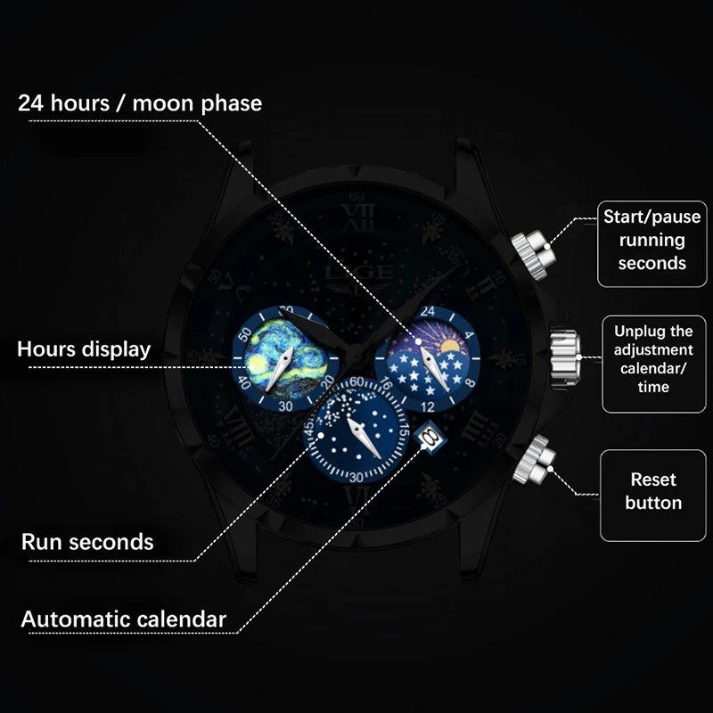 New LIGE Mens Watch Luxury Moon Phase Waterproof Date Clock Casual Blue Leather Quartz WristWatches Men Chronograph reloj hombre