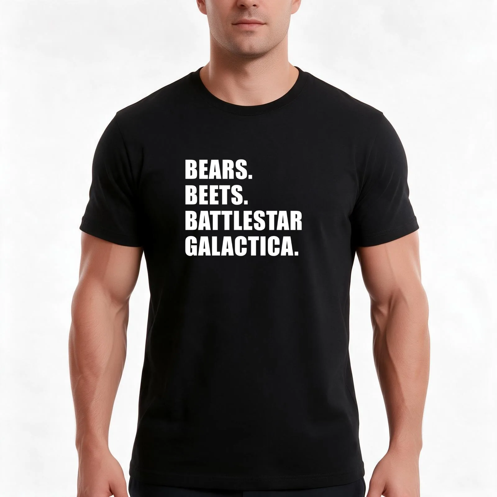 Bears. Beets. Battlestar Galactica. (Black) T-Shirt, Summer Casual Cotton Tee, Oversized Streetwear Tops, Vintage Graphic Print