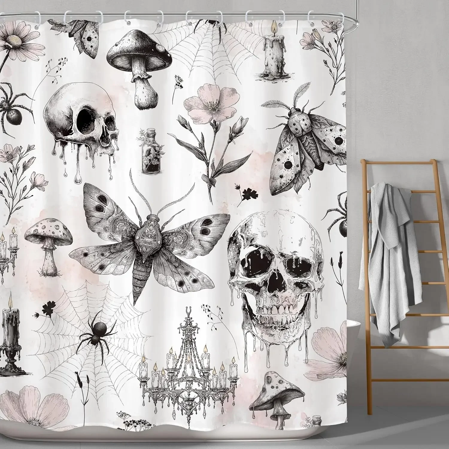 Gothic Skull Shower Curtain Bathroom Set Halloween Death Head Moth Pink Flower Leaves Spider Scary Witchy Bath Accessories