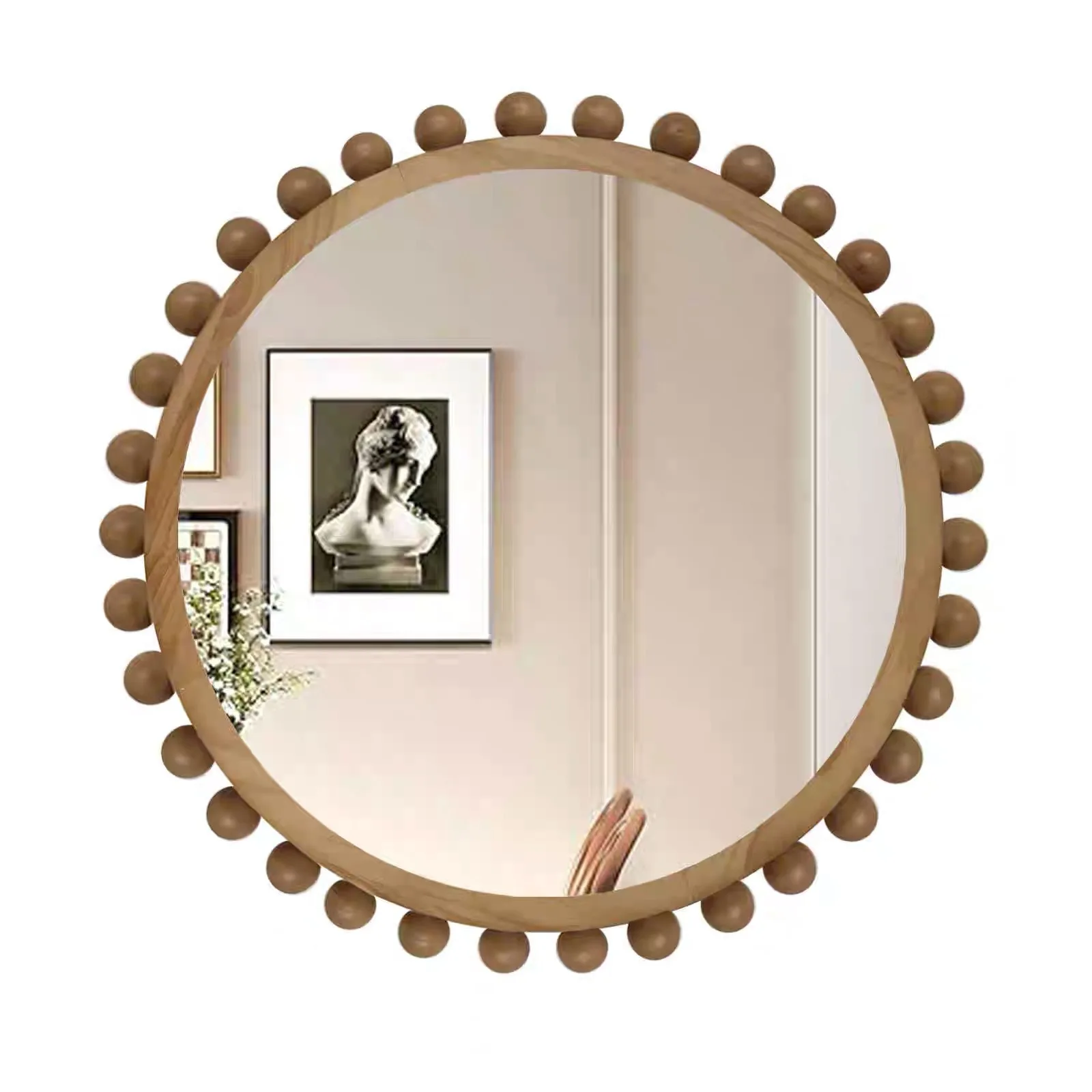 Solid wood beads round special-shaped decorative mirror wall pendant home decoration mirror