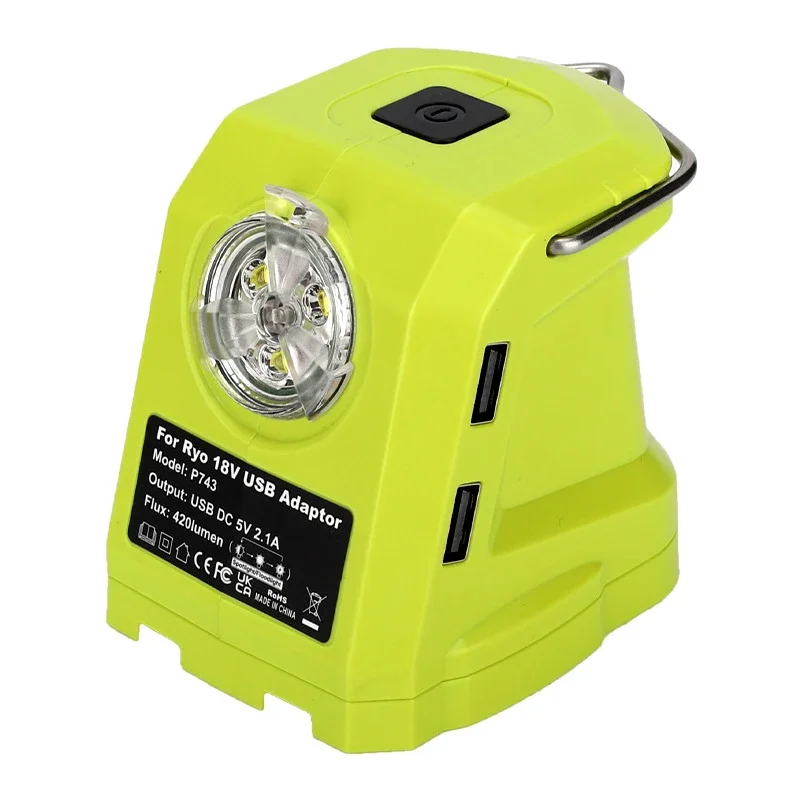 Adapter for RYOBI 18V Battery P108 P109 Power Source with 420LM LED Light Dual USB Portable Work Light Flashlight for Camping