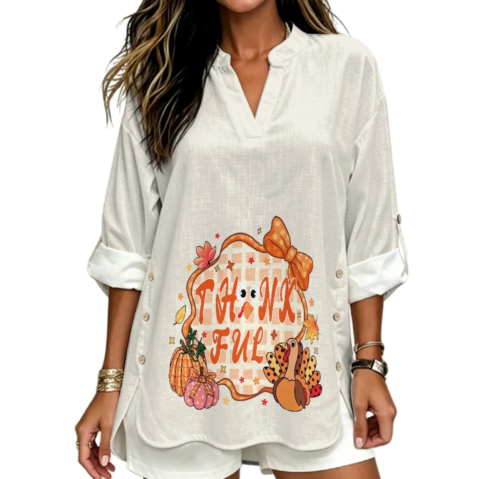 PENSTROLL Turkey Pumpkin Design Trendy V Neck Blouses for Beach Linen Like Long Sleeve Tops Sizes S-5XL