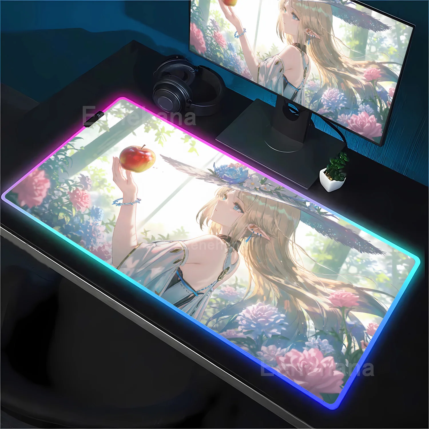 Large RGB Cartethyia Wuthering Waves Mouse Pad LED Mouse Mat Gamer Mousepad Keyboard Office accessories With Backlit Desk Mat