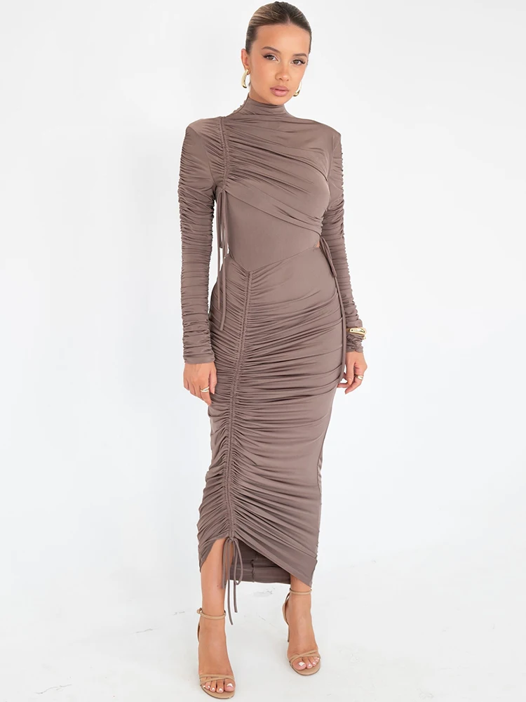 Mozision Long Sleeve Ruched Sexy Maxi Dress For Women Autumn Winter New Drawstring Turtleneck Bodycon Sexy Long Dress Elegant