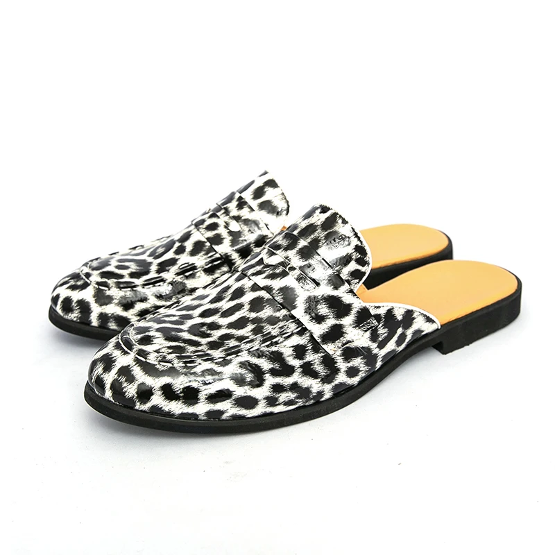 Men's Large Size Leopard Print Slip-On Loafers Breathable Open Back Casual Summer Sandals Comfortable Non-Slip Outdoor Slippers