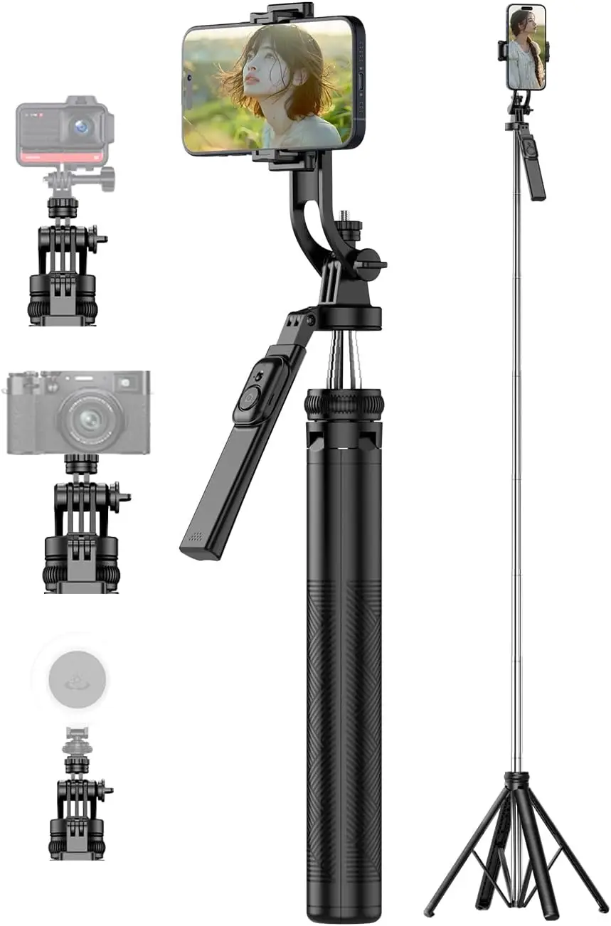 

Selfie Stick, Phone Tripod 71" Stand 360 Rotation with Detachable Phone Holder & Wireless Remote, Compatible with All Ce