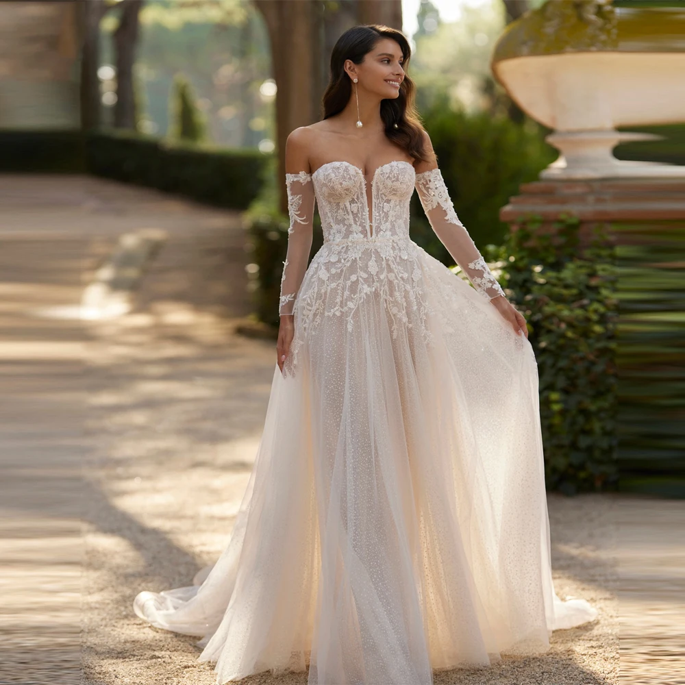 

Sexy A-Line Women Wedding Dresses Bridal Gowns Elegant Tulle Mopping Length Lace Sleeves Princess Vestidos De Novias Customized
