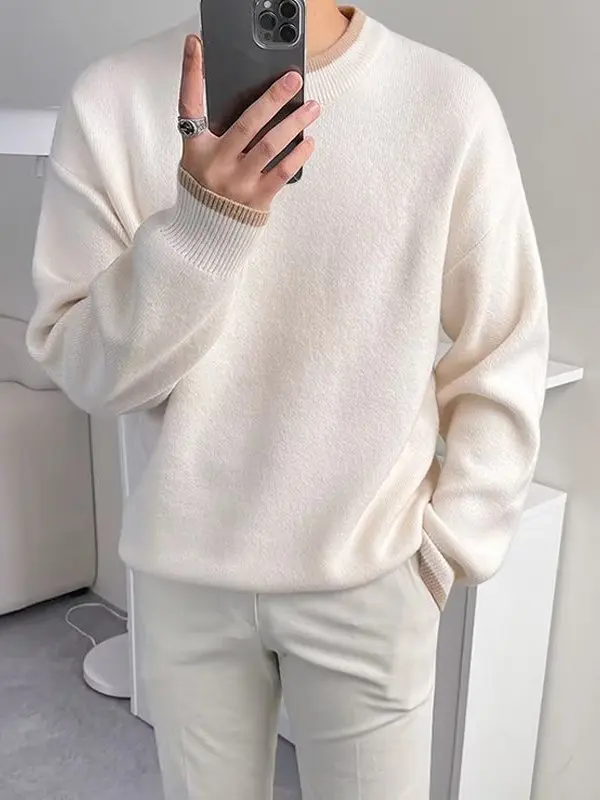 

Loose Men's Knitted Sweater round Ne Pullover Soft Cozy Lazy Sle Top for Casual Commuting Daily Wear Polyester Fiber