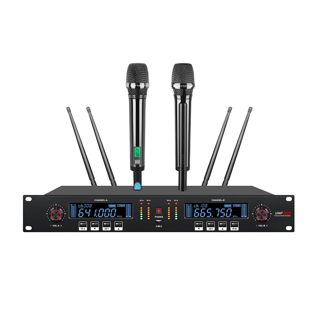 

CE Certified Dynamic Microphone 2-Channel UHF True Diversity Wireless XLR Handheld Headset Lavalier Clip for Long Distance 100m