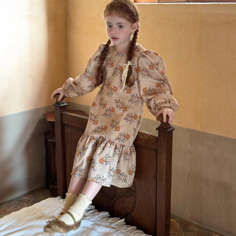 2025 Autumn Girls' New Retro Large Floral Cotton Skirt with Bubble Sleeves Dress