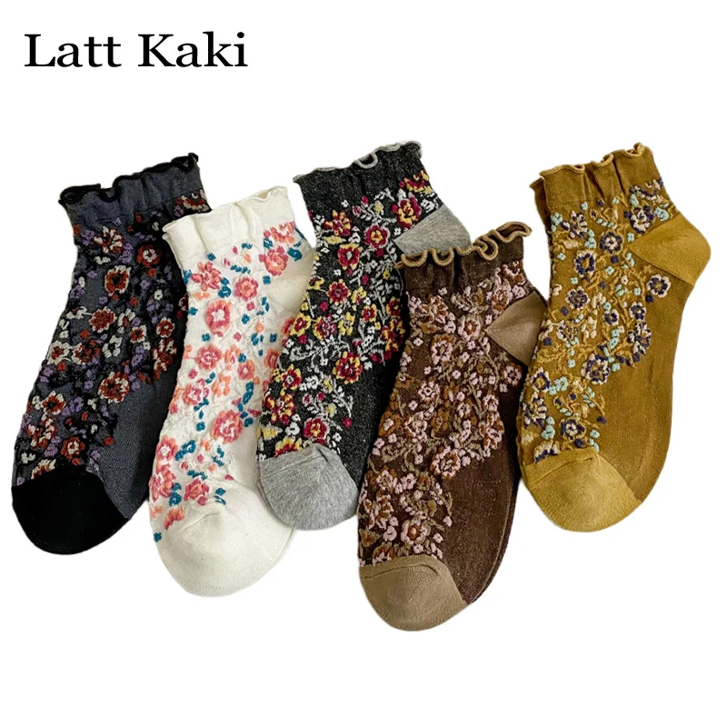 

5 Pairs Socks For Women Short Retro Flower Fashion Cotton Absorb Sweat Casual Girl Ankle Socks Set Soft Frilly Ruffle Socks Lady