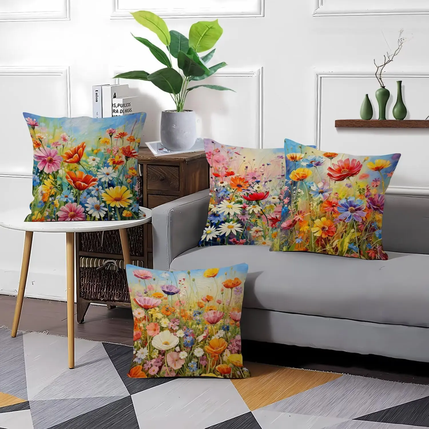 4PCS Meadow Floral Cushion Covers Vibrant Wildflower Oil Painting Pattern Throw Pillow Cases for Cottage Bedroom Couch Decor