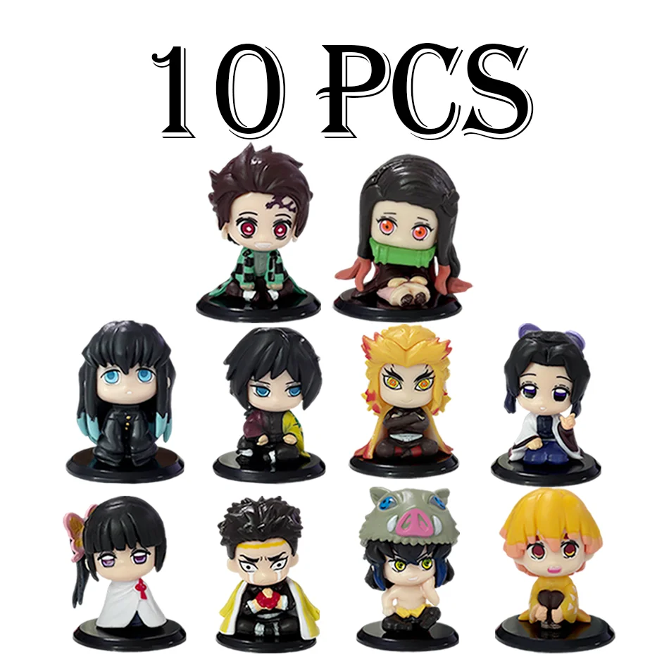10 sztuk/zestaw Figurki Demon Slayer w wersji Q, siedzące, zabawki anime Kimetsu no Yaiba, Tanjiro, Nidouzi, Inosuke, figurki PVD, model lalki