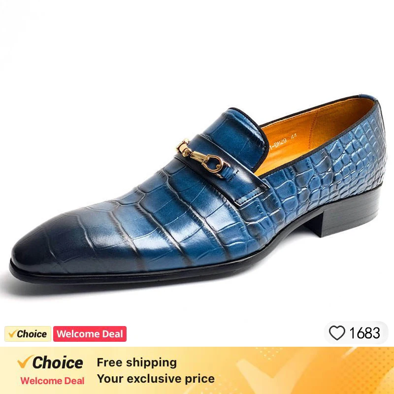Business Men Shoes Genuine Leather Loafers Luxury Casual blue Office Wedding Party Metal Buckles Fashion Dress Shoe Best Gifts