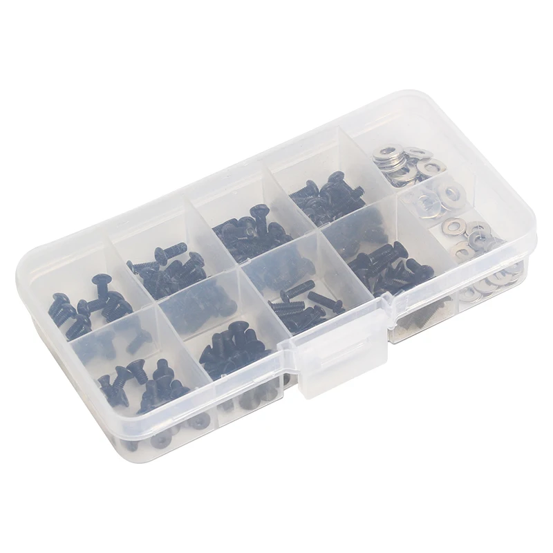 180Pcs Black Carbon Steel Screws Box Set For 1/10 HSP Remote Control RC Car Parts Bolts and Nuts with Flat Washer Hardware Parts