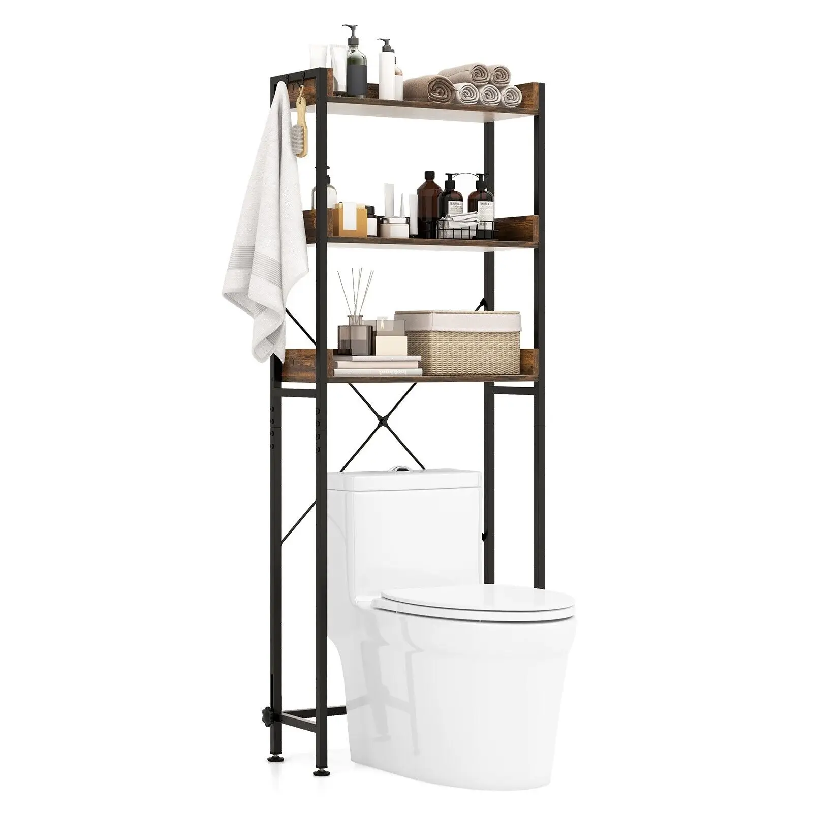 ERGOMASTER 3-Tier Over-The-Toilet Storage Shelf Space Saving Bathroom Organizer w/ 4 Hooks