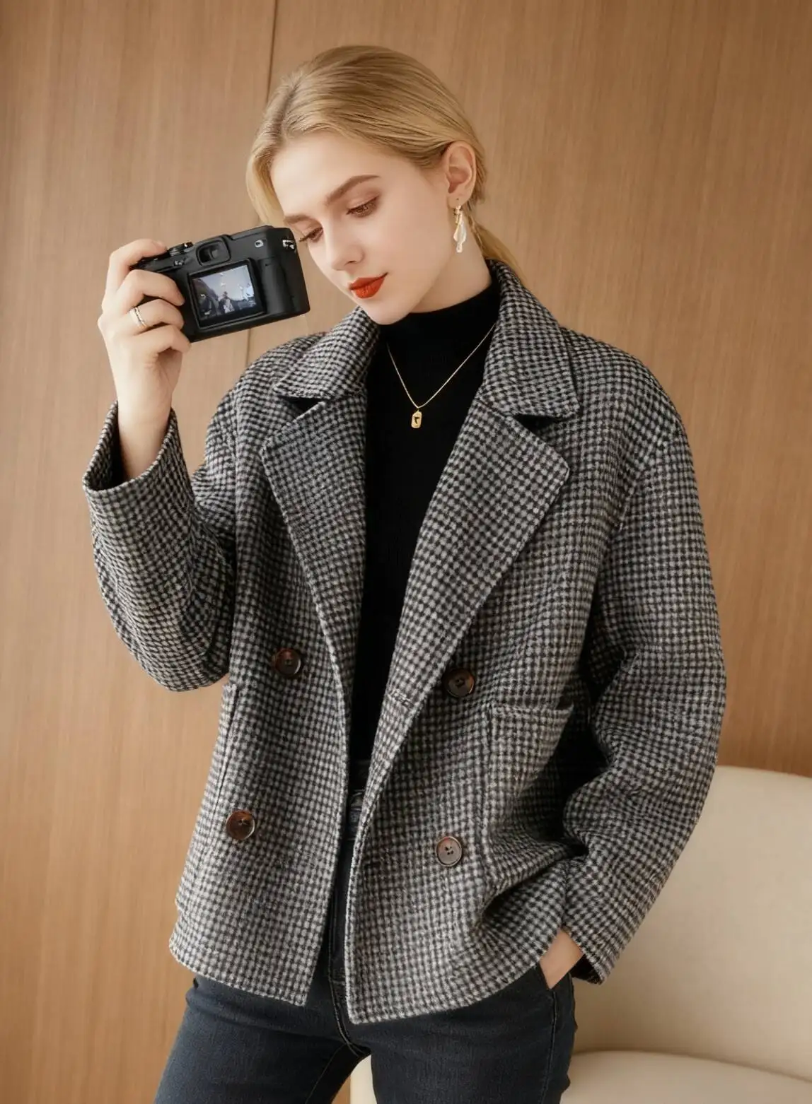 Abrigos de mezcla de lana para mujer, abrigo de lana negro para mujer, otoño, chenilla, cuello con muescas, estampado abstracto, botón hacia abajo, oblicuo, plegable