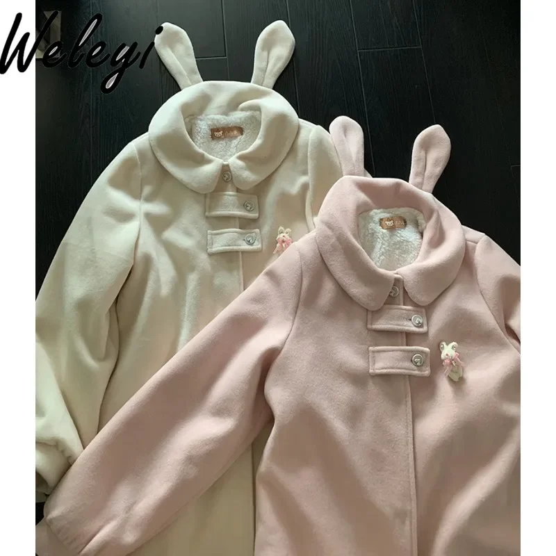 

Cute Rabbit Ears Woolen Coat Female Student Winter Velvet Coats Sweet Girl Original Doll Collar Medium and Long Jacket Feminino