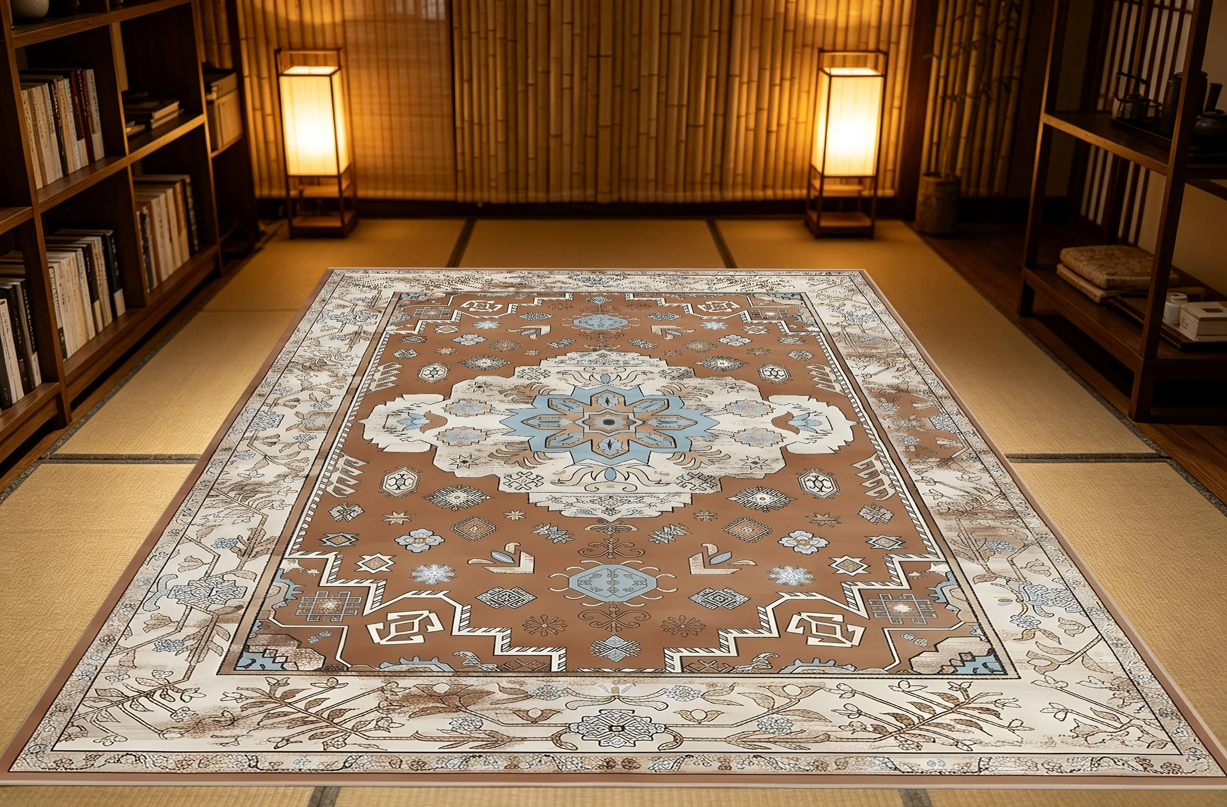 Brown‑Base Vintage Palace‑Style Area Rug, Gorgeous Central Floral Pattern, for Autumn Winter Home Refresh, Decor for Living Room and Study