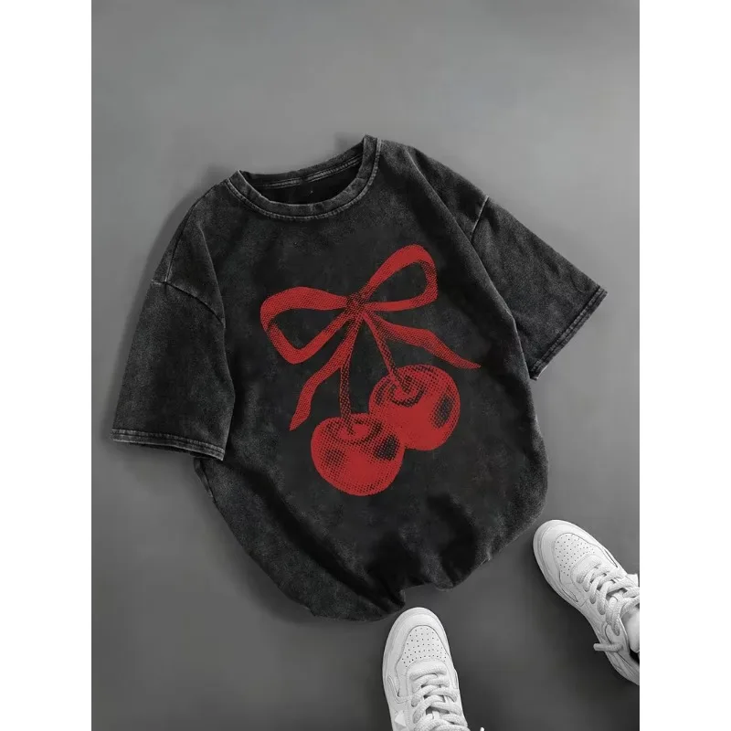 Vintage Washed Red Cherry Bow Graphic T-Shirt Y2K Cute Cherry Bow Print Oversize Short Sleeve Loose Fit Crew Neck Top