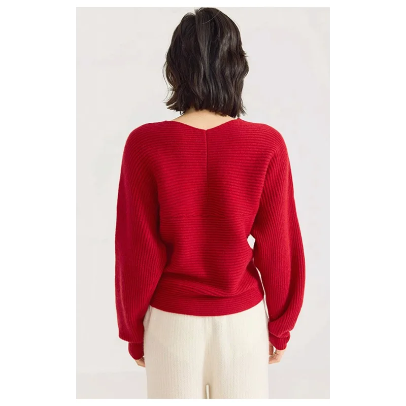Suéter de punto con manga acampanada y cuello en V cruzado para mujer, Top perezoso con parte inferior interior roja, primavera y otoño