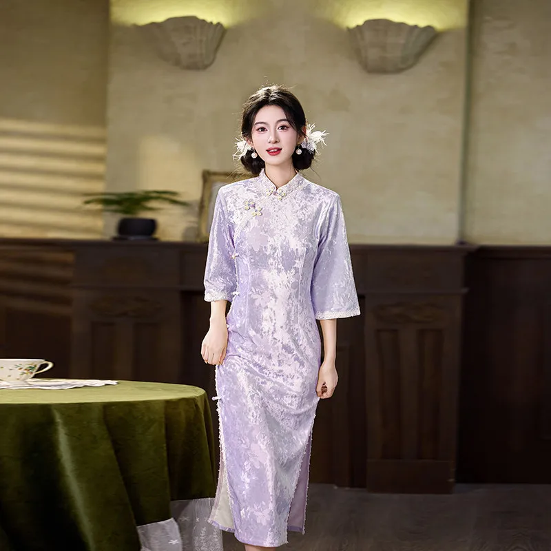 Purple New Chinese Style Long Sleeved Autumn Cheongsam Improved Young 2026 New Female Qipao Dress
