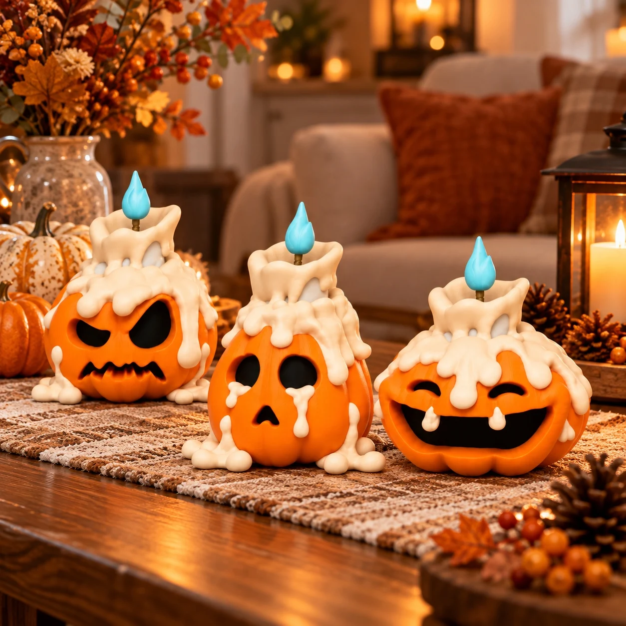 3/1PCS Halloween Pumpkin Figurines, 3D Printed Faux Candle Decor, Dripping Wax Design with Blue Flame, Tabletop Ornament