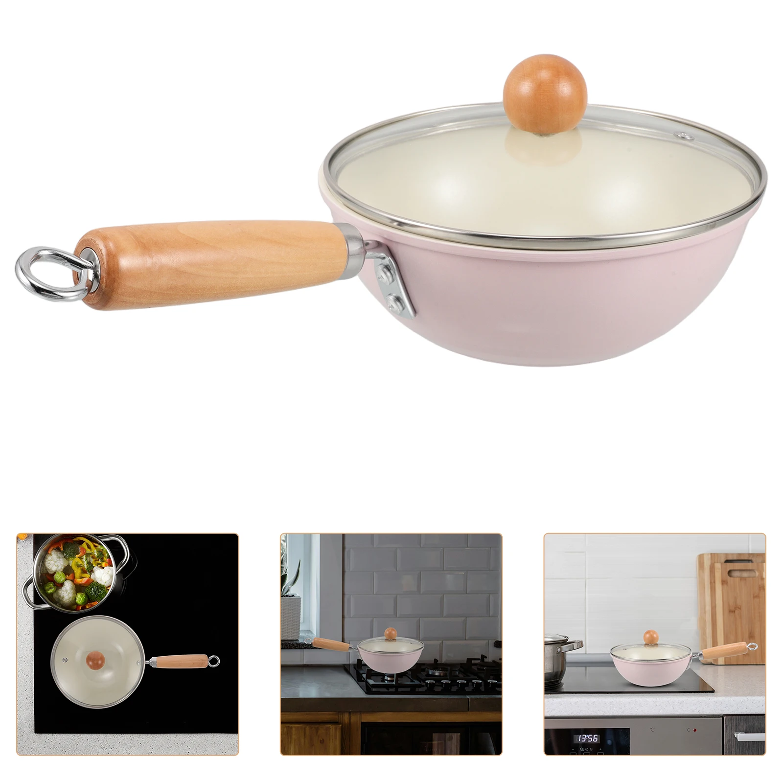 

Nonstick Iron Skillet Wooden Handle Clear Glass Lid Small Deep Frying Pan Induction Compatible Cookware Stove Top Gas Stoves