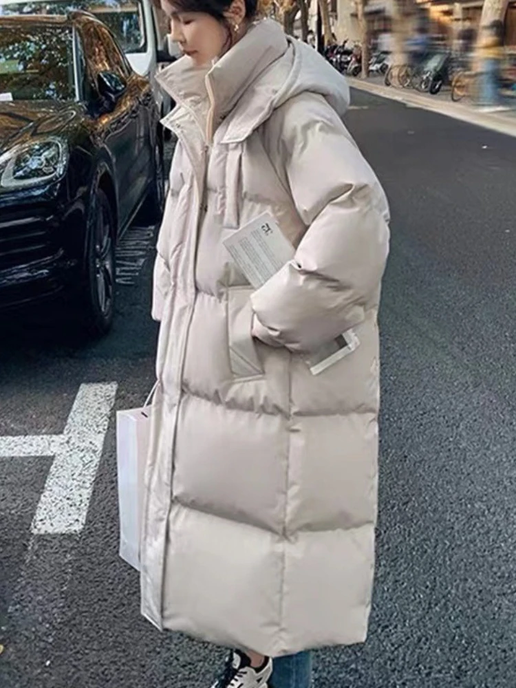Jaket Wanita Musim Dingin 2025 Gaya Korea Longgar Panjang Selutut Polos Berkerudung Tebal Model Roti Isi Kapas