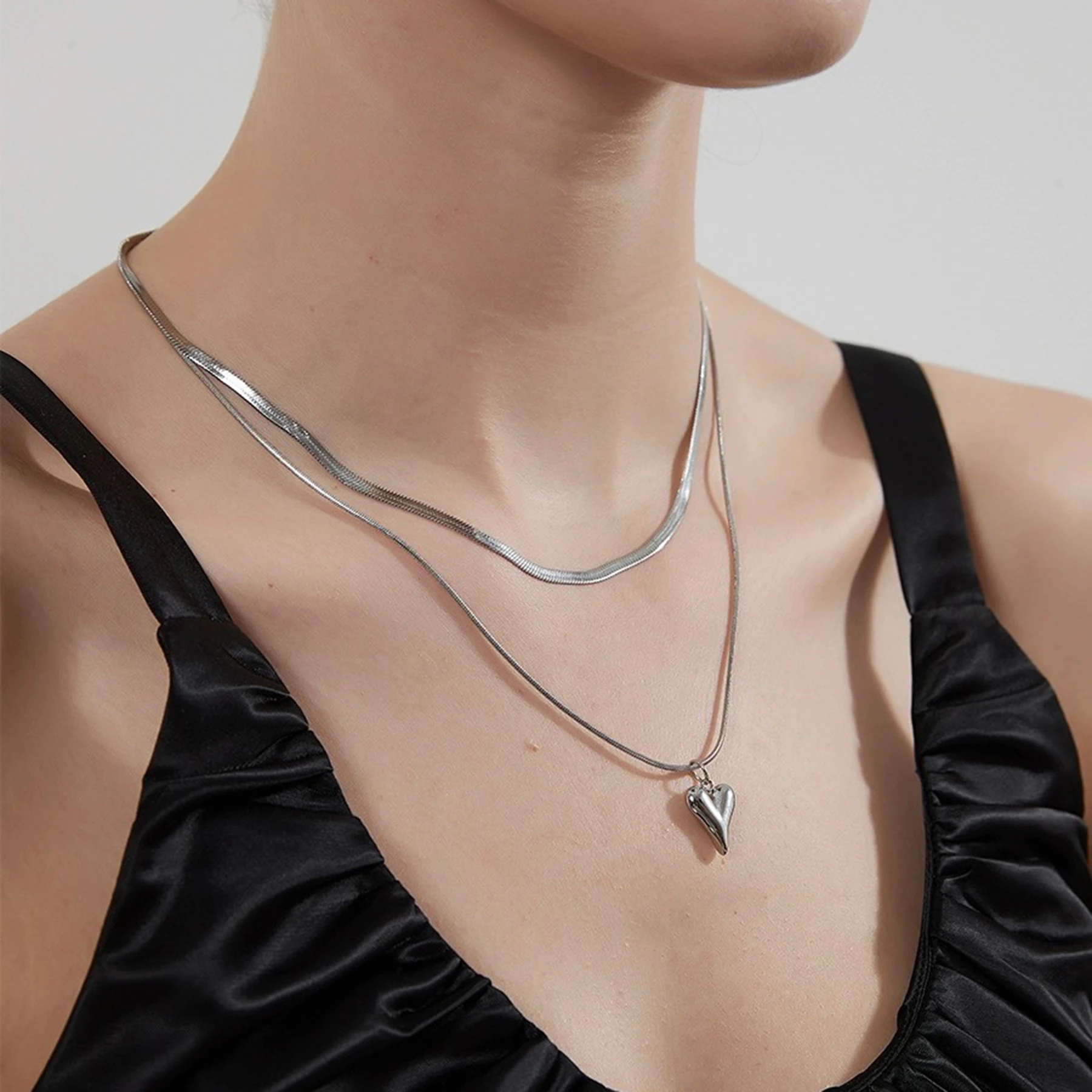 Seakissky Simple Stylish Double-layer Stainless Steel Necklace Charming Love Heart Pendant Hot Selling High-quality Women Gifts