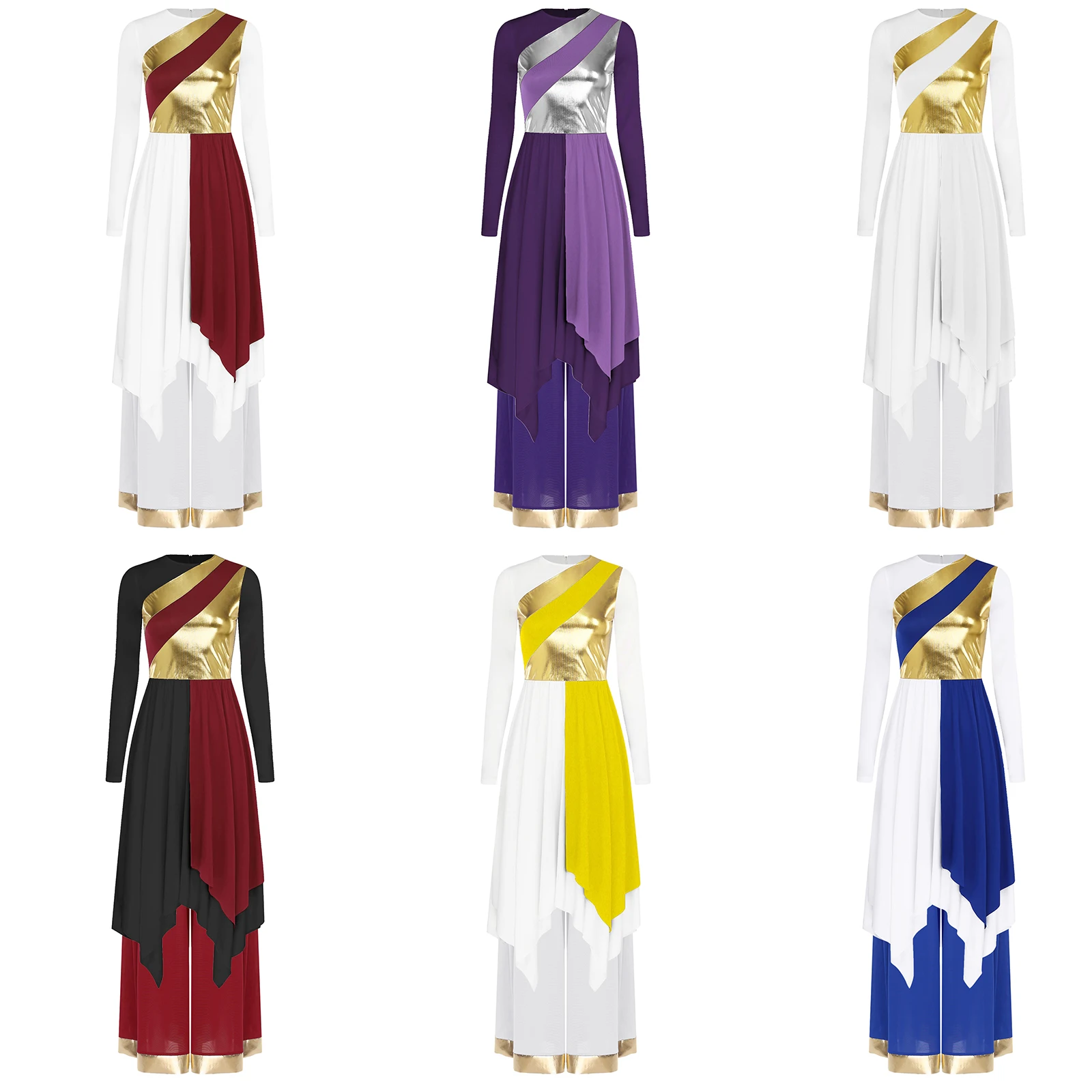 Abito da ballo moderno a maniche lunghe da donna, culto dell'elogio radiante, con pantaloni lunghi a gamba larga, costume da ballo contemporaneo da chiesa