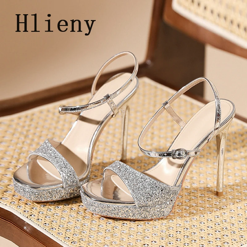

Hlieny Glitter Sequin Platform Women Sandals Buckle Strap Sexy High Heels Summer Wedding Party Banquet Open Toe Stiletto Shoes