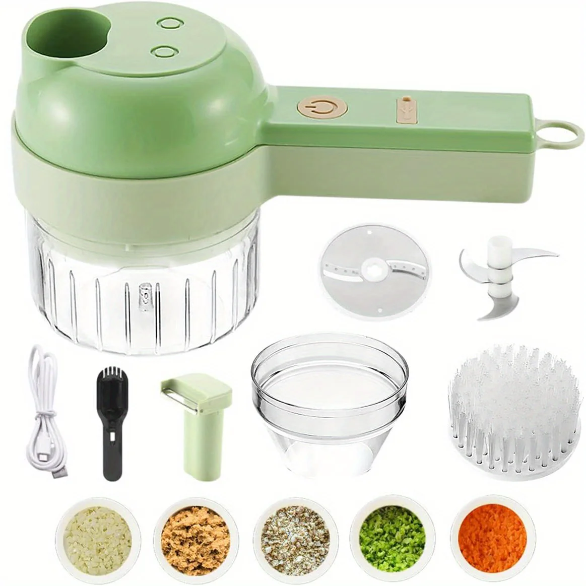 1 Multi-functional Electric Mini Food Processor - Four in One Vegetable Chopper, Garlic Press, Slicer, and Mud Masher Portable