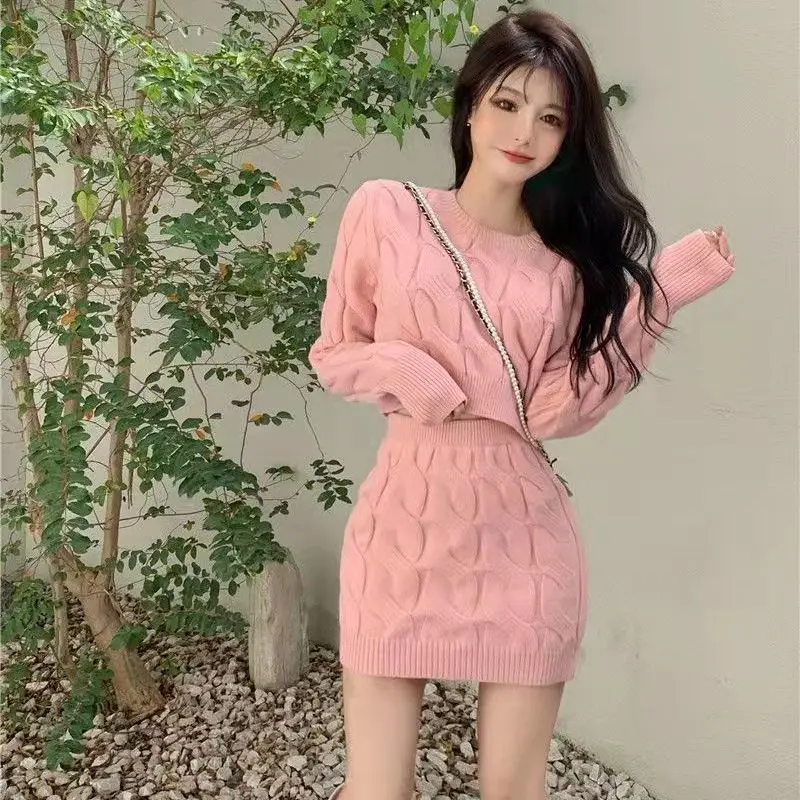 Two Piece OF Pullover Autumn/Winter Knitted Sweater Set Pure Desire Short Sweater Sexy Spicy Girl Arm Wrap Skirt Sweater Female