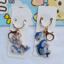 Double-Sided Shark Cat Keychain Key Chain Accessories Cartoon Transparent Cat Pendant Cute Animal Cat Keyring Student Gift