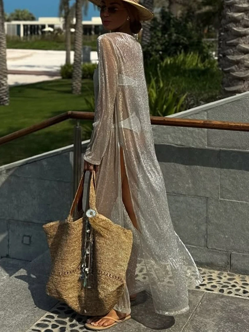 ชุดนอนแฟชั่นผู้หญิง Marthaqiqi คอทรงโอ แขนยาว ชุดนอนเซ็กซี่แบบผ่าข้าง ชุดนอนยาวถึงข้อเท้า ชุดนอนผู้หญิง