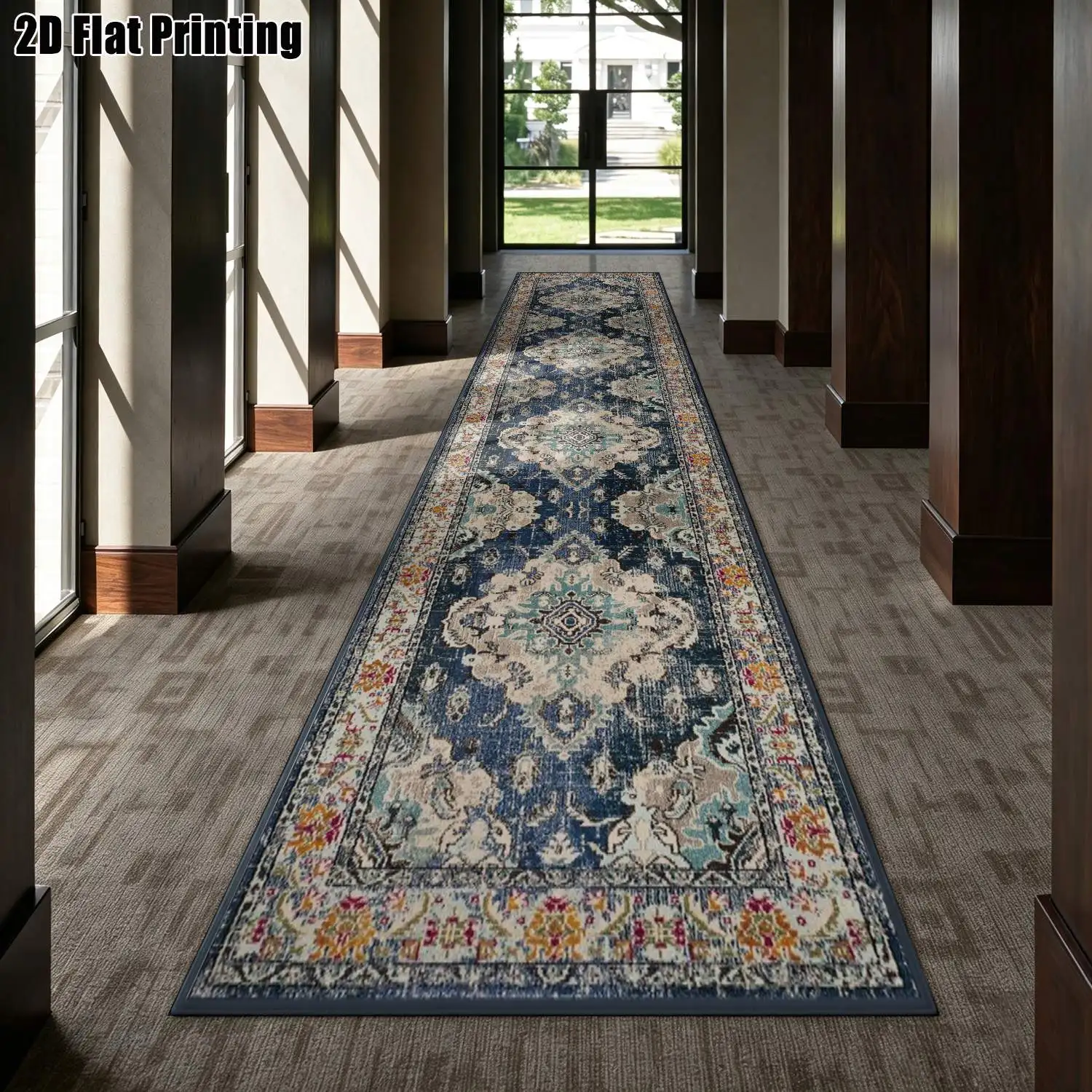 1Pc 2D Printed Long Strip Rug: Blue-White Retro Geometric Pattern, European & Bohemian Style, Machine Washable, Multi-Size, Ideal for Corridor, Entrance, Living Room, Bedroom Home Decor