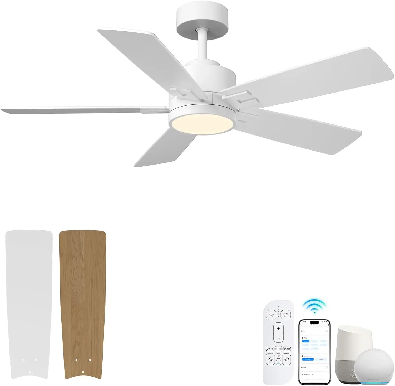 

42 inch Ceiling Fan with Smart Control, Elegant White Quiet Fan for Bedroom, 6 Speed Low Profile Ceiling Fan Light for Farmhouse